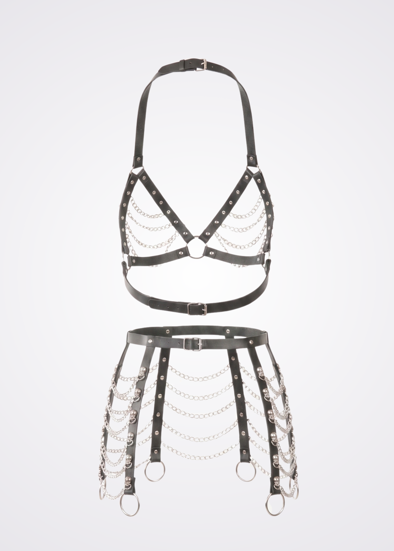 black leather and chains body harness