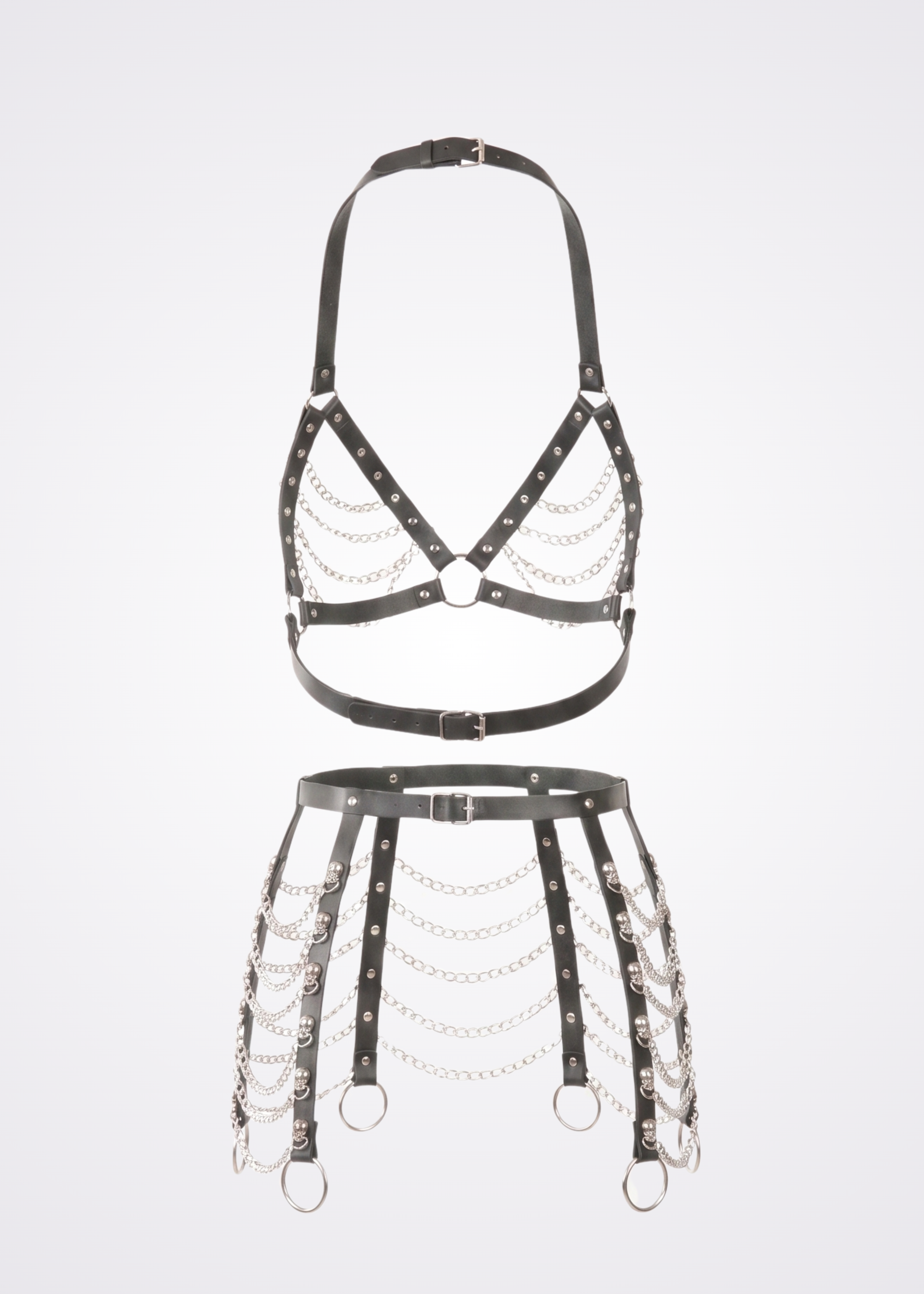 black leather and chains body harness