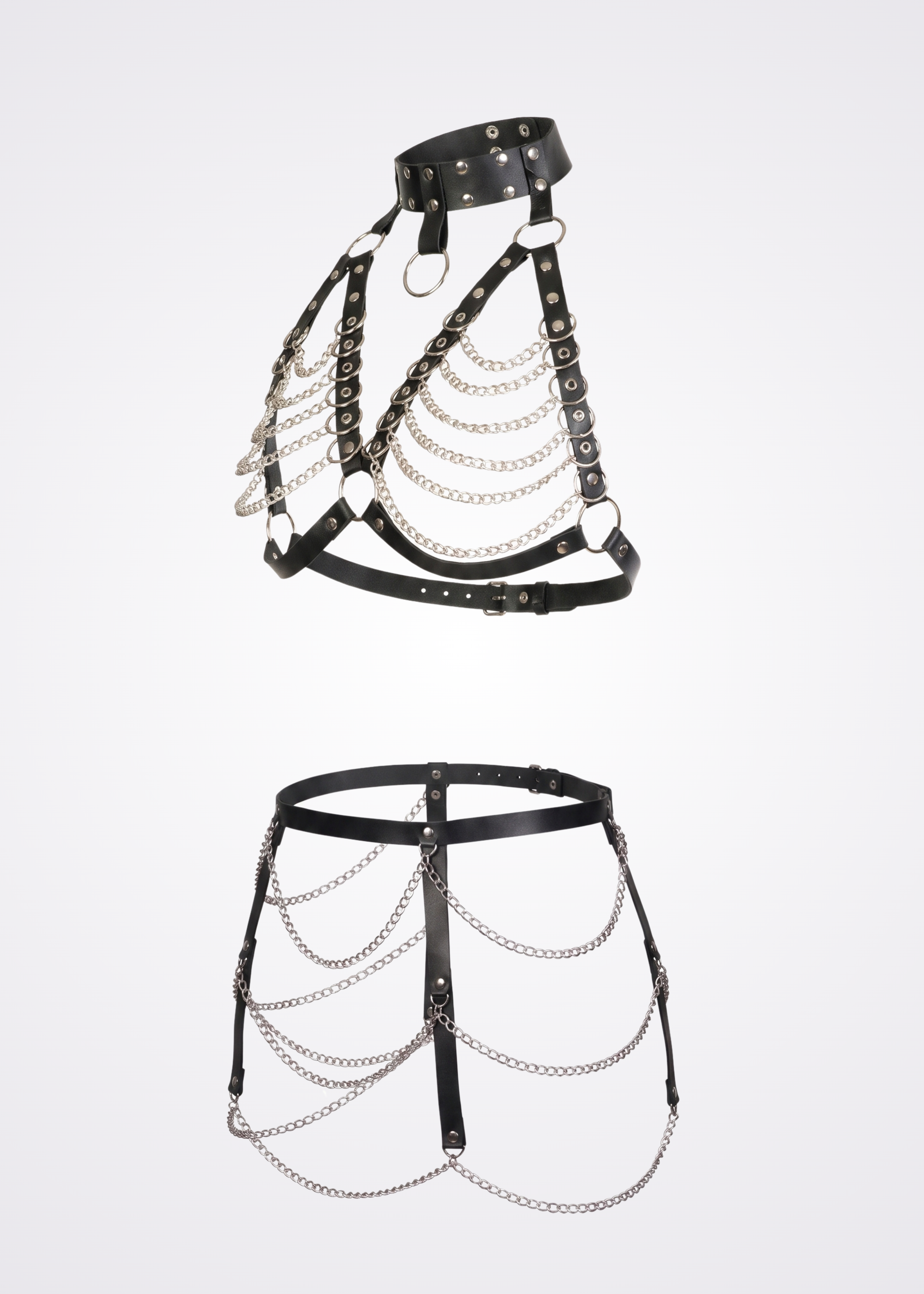 black faux leather body harness set with chains