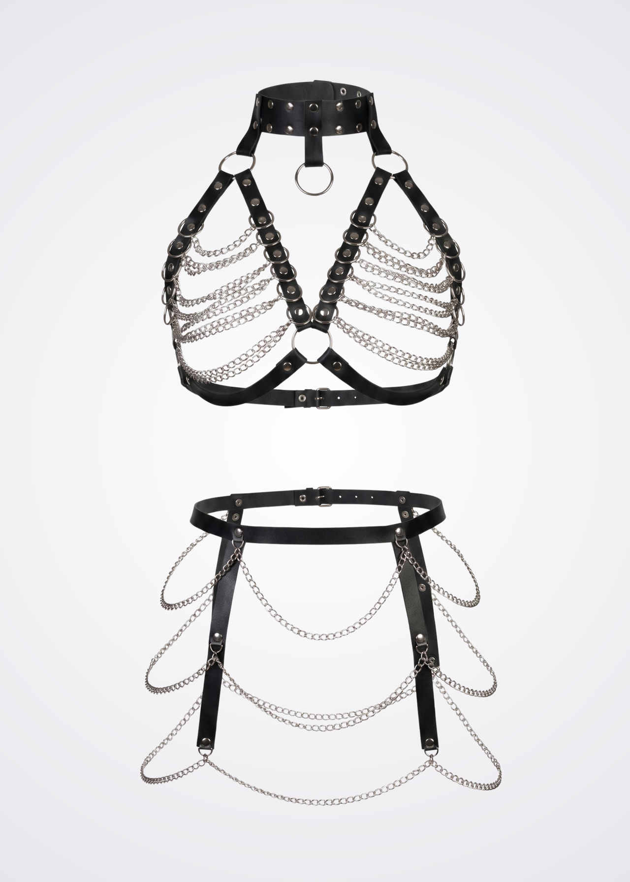 black leather and chains body harness