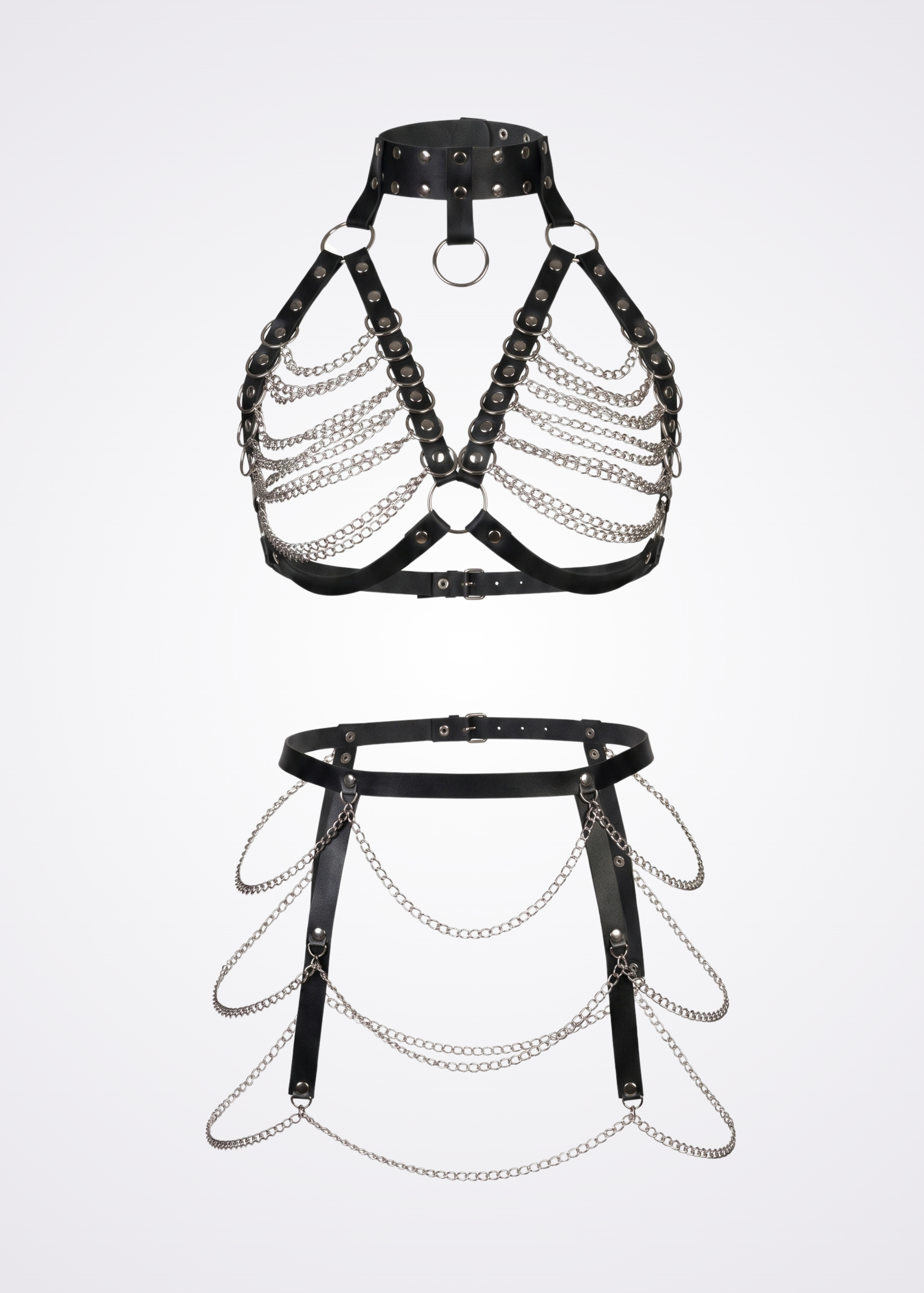 black leather and chains body harness