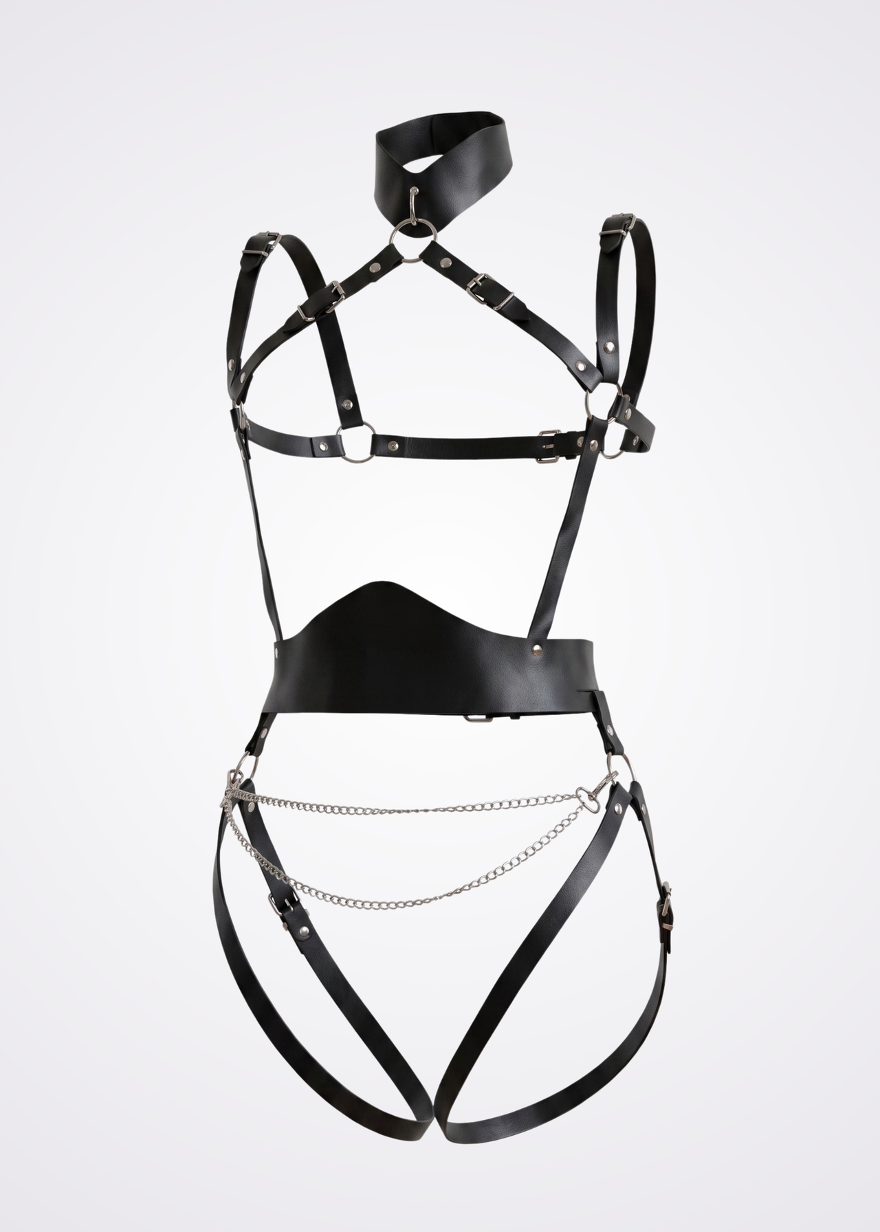 black faux leather body harness set 