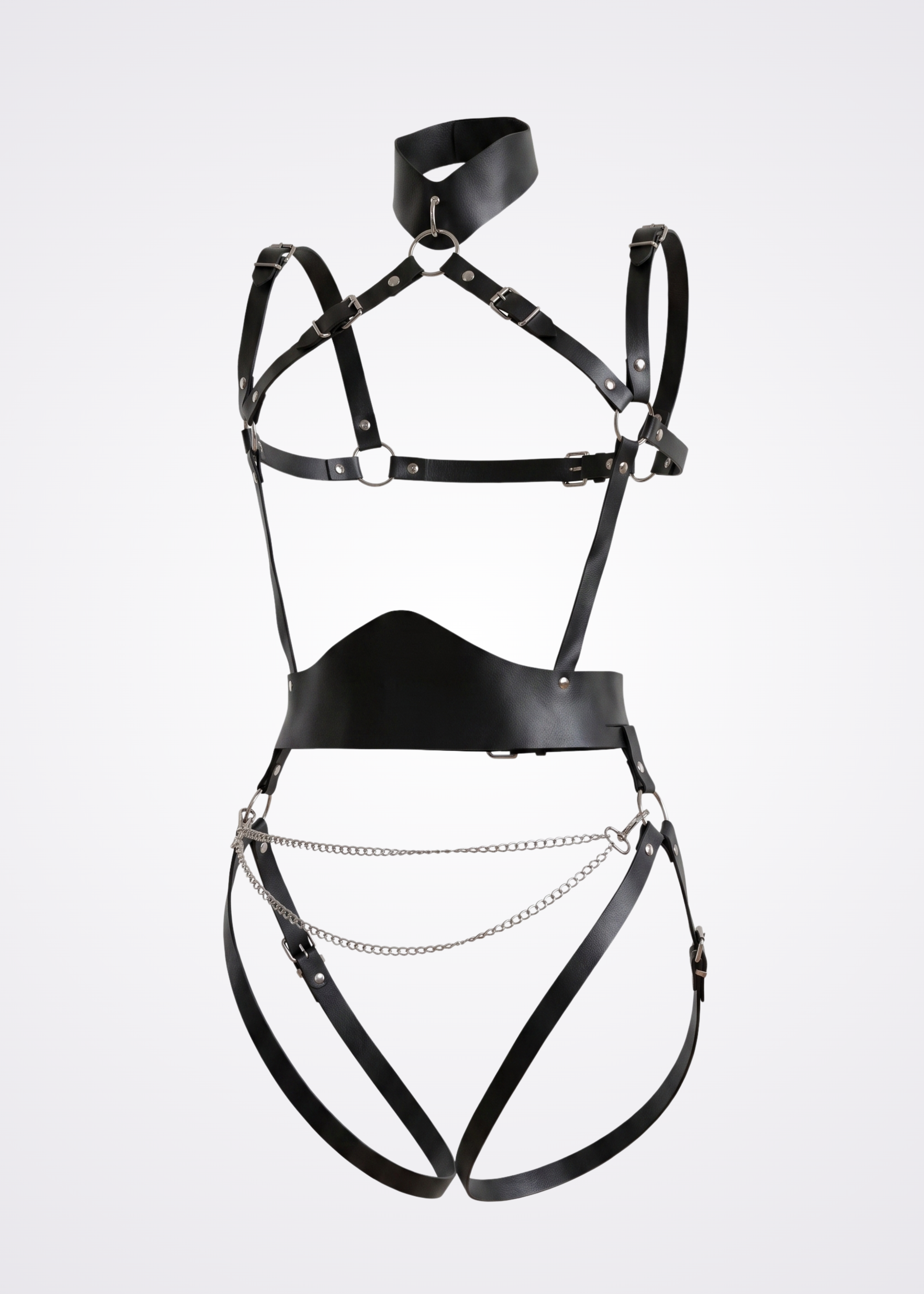 black faux leather body harness set 