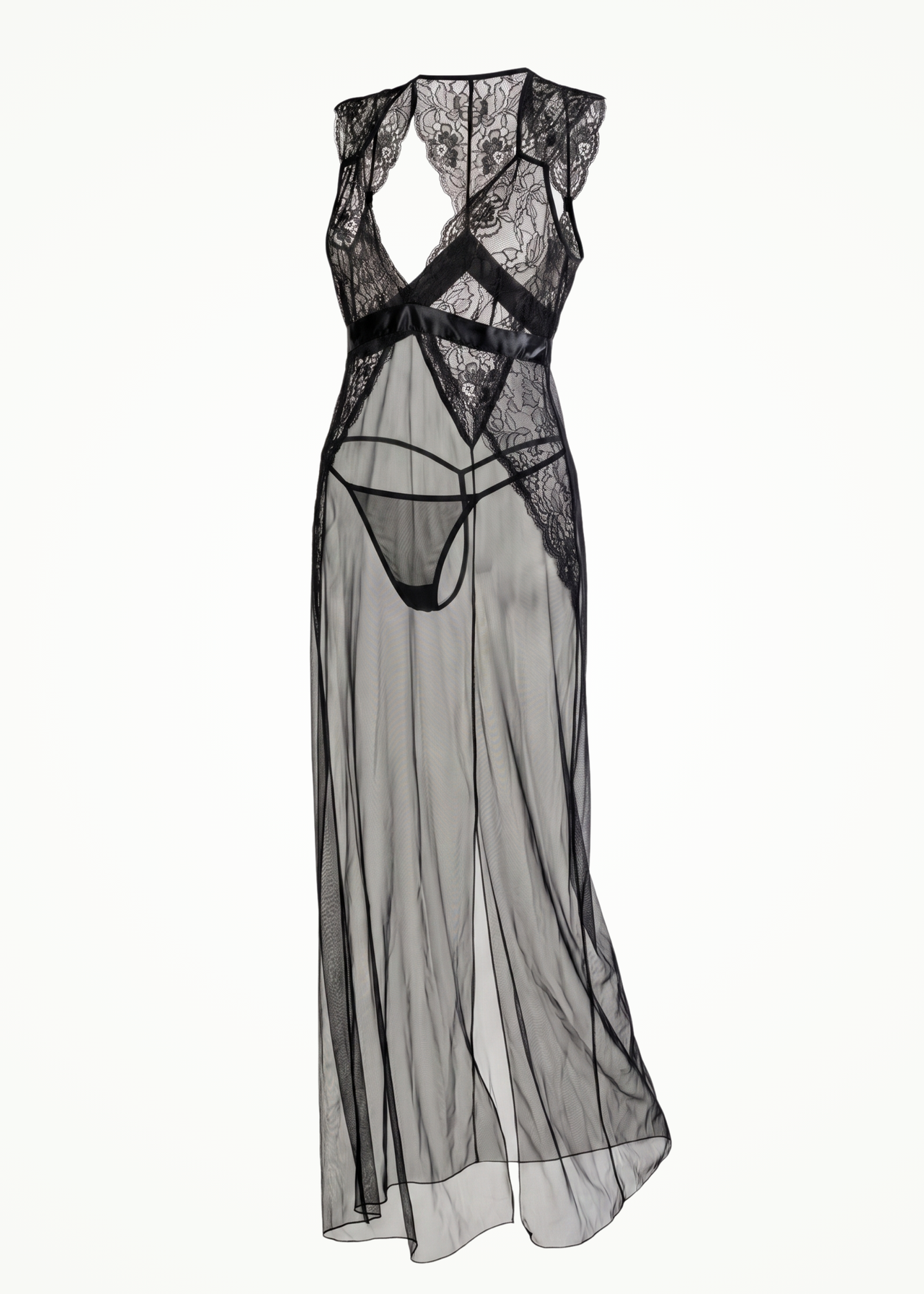 black lace and mesh maxi length lingerie set 