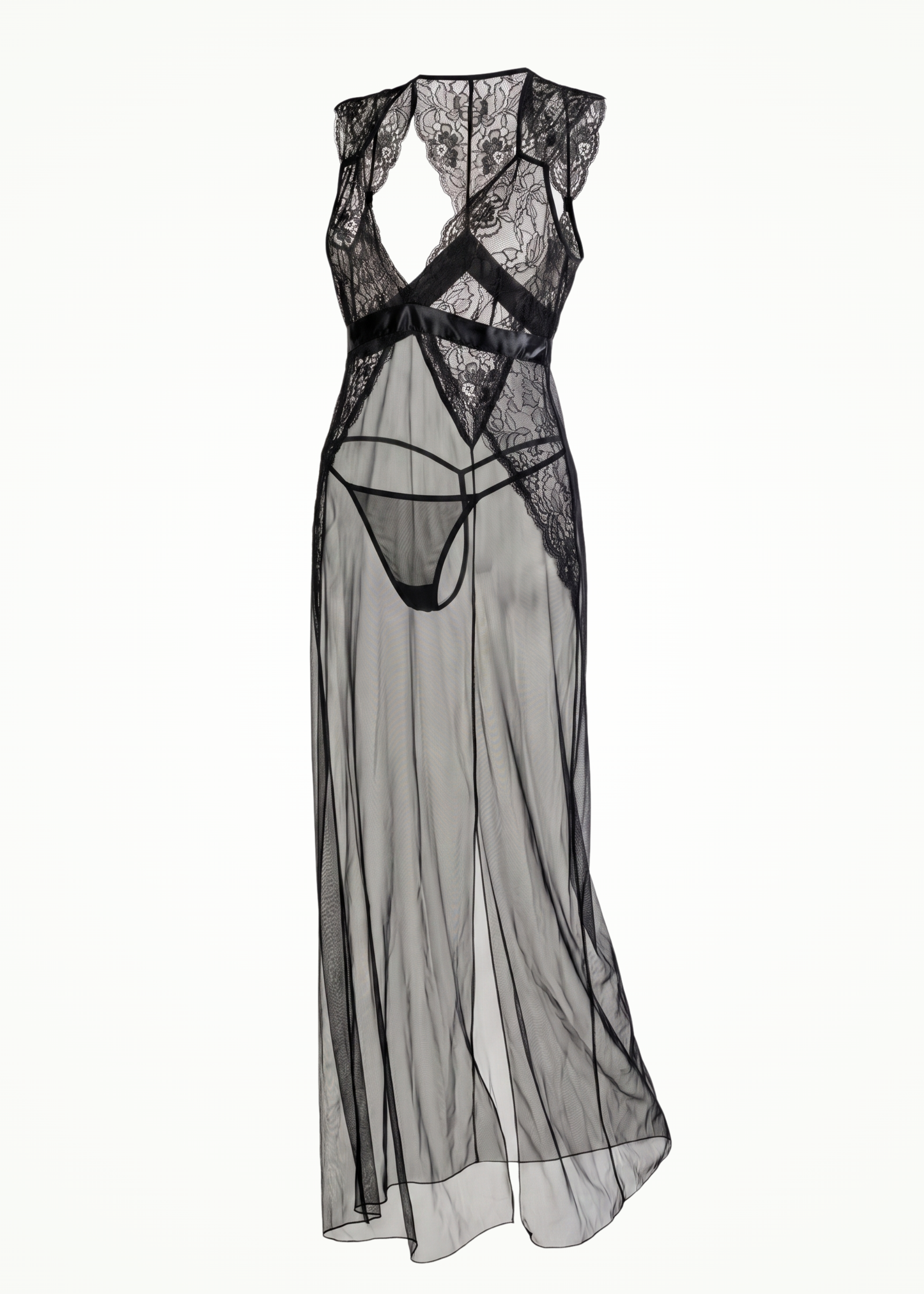 black lace and mesh maxi length lingerie set 